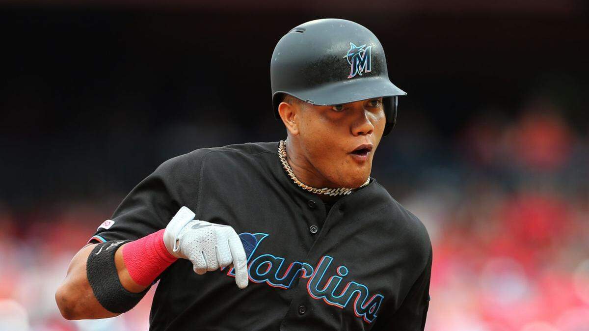 Miami Marlins second baseman Starlin Castro gestures as he rounds the bases after hitting a home run in the second inning against the Philadelphia Phillies on Sunday, Sept. 29, 2019, at Citizens Bank Park in Philadelphia.