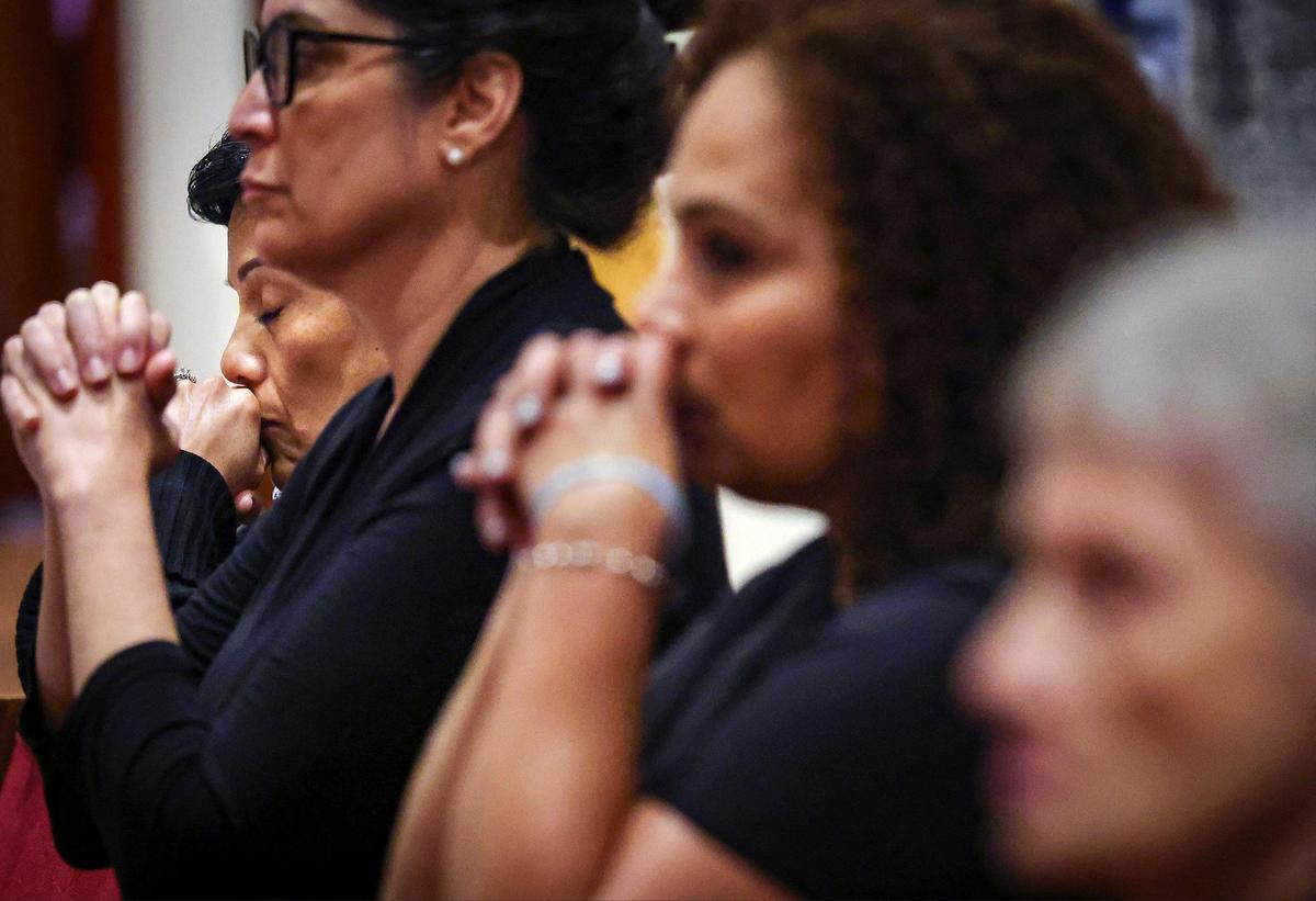 Miami-Dade Catholics pray as Archbishop Thomas Wenski offered the first of the traditional nine Masses offered for the repose of the soul of Pope Francis at the Church of St. Martha on April 21, 2025, in Miami Shores, Florida.&nbsp;&nbsp;