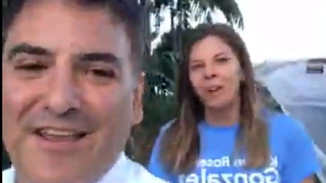 Kristen Rosen Gonzalez, right, is running for Miami Beach city commission against Rafael Velasquez, who Rosen Gonzalez accused of exposing himself to her in 2017. Velasquez filmed a recent encounter the candidates had in late July and posted it to Facebook.