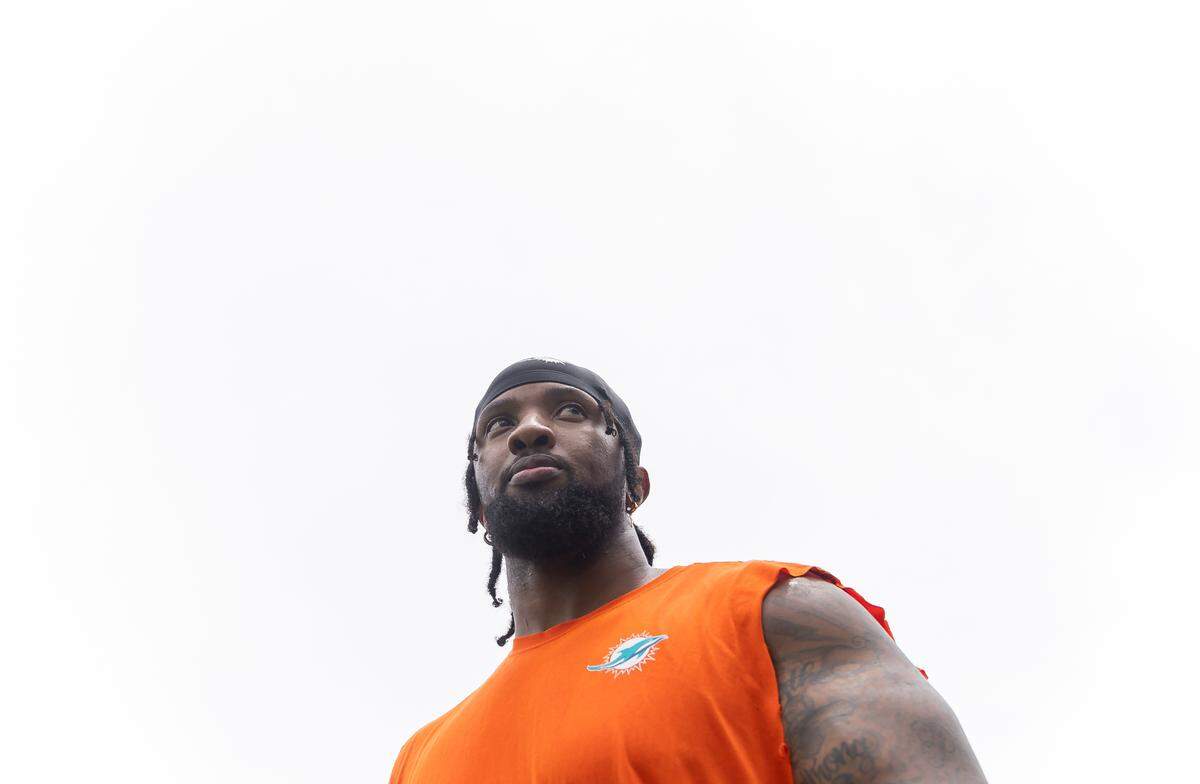 Miami Dolphins tackle Cedric Ogbuehi (79) looks on after speaking to the media during team practice at the Baptist Health Training Complex on Wednesday, May 31, 2023, in Miami Gardens, Fla.