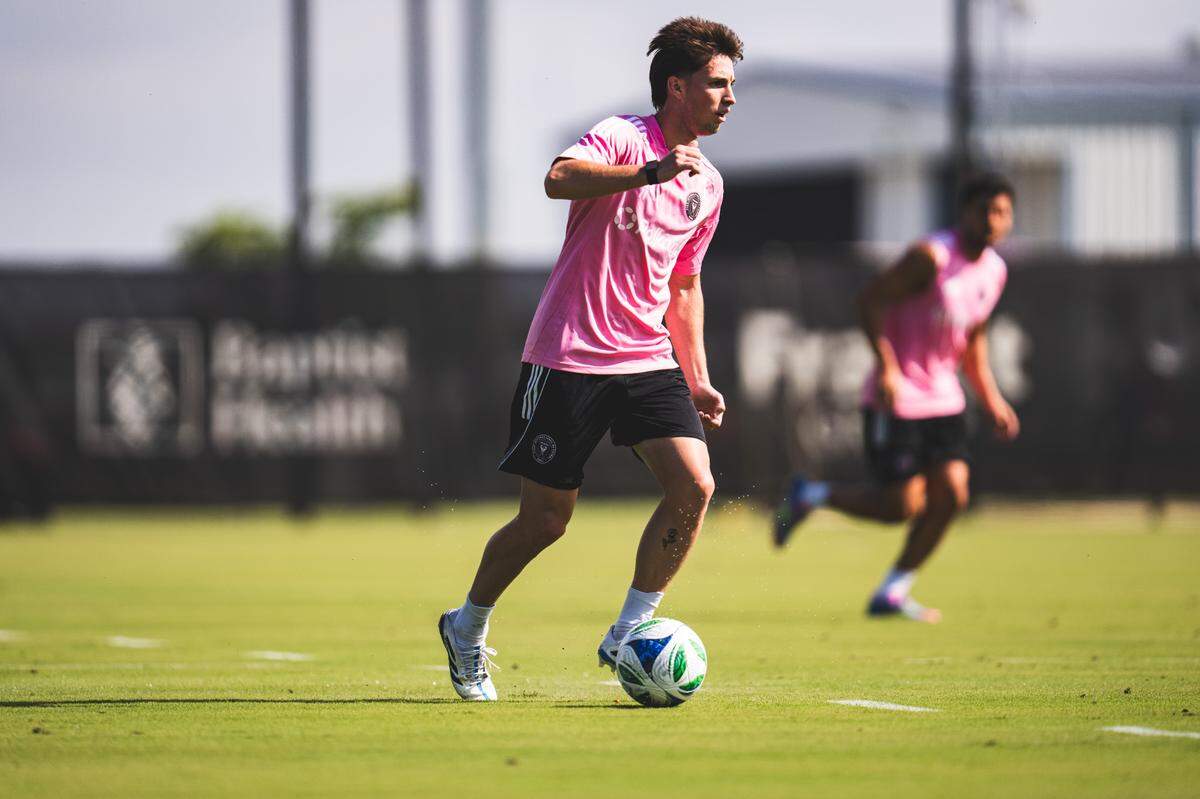 Midfielder Baltasar Rodriguez trains with Inter Miami teammates on April 16, 2025 in Fort Lauderdale.