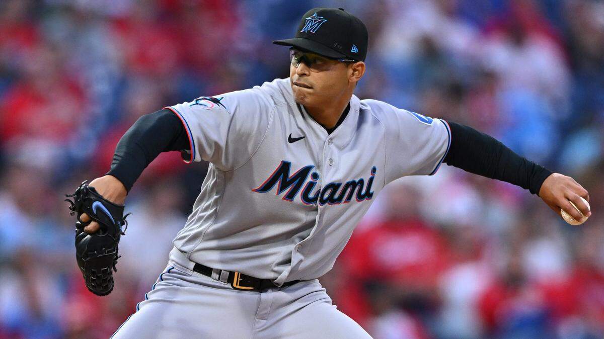Apr 11, 2023; Philadelphia, Pennsylvania, USA; Miami Marlins starting pitcher Jesus Luzardo (44) throws a pitch against the Philadelphia Phillies in the second inning at Citizens Bank Park. Mandatory Credit: Kyle Ross-USA TODAY Sports