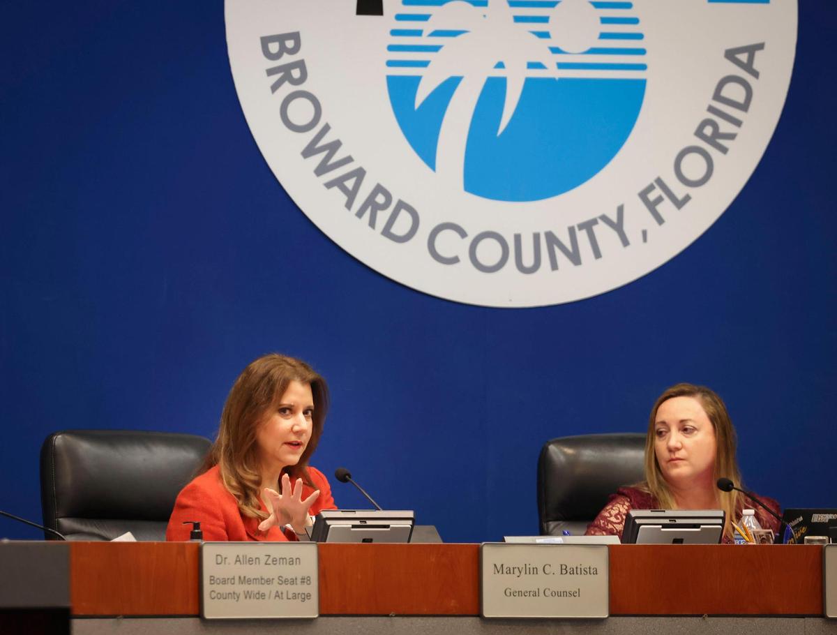 General Counsel Marylin Batista, left, speaks while Chair Lori Alhadeff during a Broward County School Board meeting on Tuesday, Jan. 24, 2023, in Fort Lauderdale. Superintendent Dr. Vickie Cartwright was fired in November, rehired in December, and presented a follow up before the board intends to vote to keep her or fire her again.