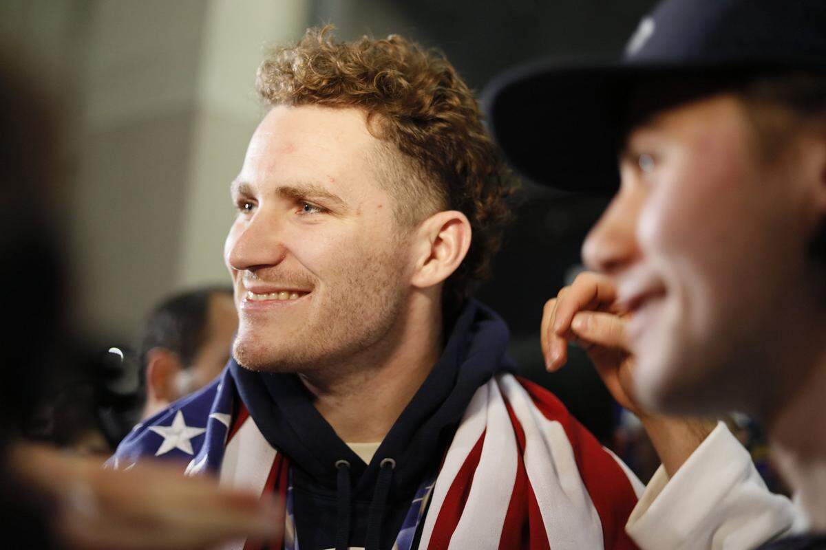 Matthew Tkachuk of the United States men’s hockey team arrives with teammates at E11EVEN Miami during a gold medal celebration on Monday, Feb. 23, 2026, in Miami, after returning from Milan following their victory over Canada at the 2026 Winter Olympics in Milan-Cortina, Italy.