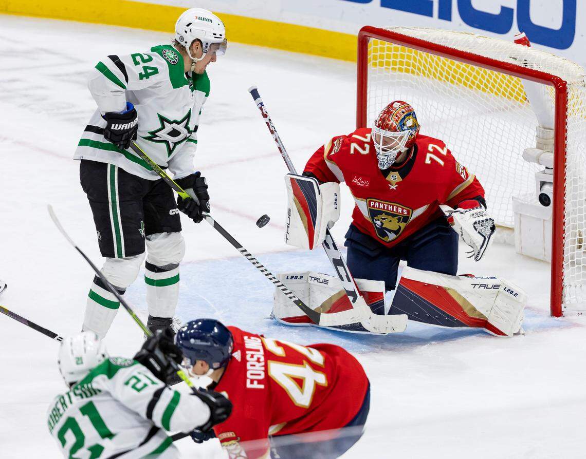 Dallas Stars center Roope Hintz (24) tries to score as Florida Panthers goaltender Sergei Bobrovsky (72) defends in the third period of their NHL game at the Amerant Bank Arena on Wednesday, Dec. 6, 2023, in Sunrise, Fla.