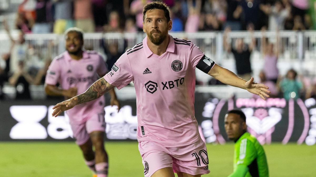 Inter Miami forward Lionel Messi (10) celebrates after scoring a goal against Orlando City in the first half of a Leagues Cup Round of 32 match at DRV PNK Stadium on Wednesday, Aug. 2, 2023, in Fort Lauderdale, Fla.
