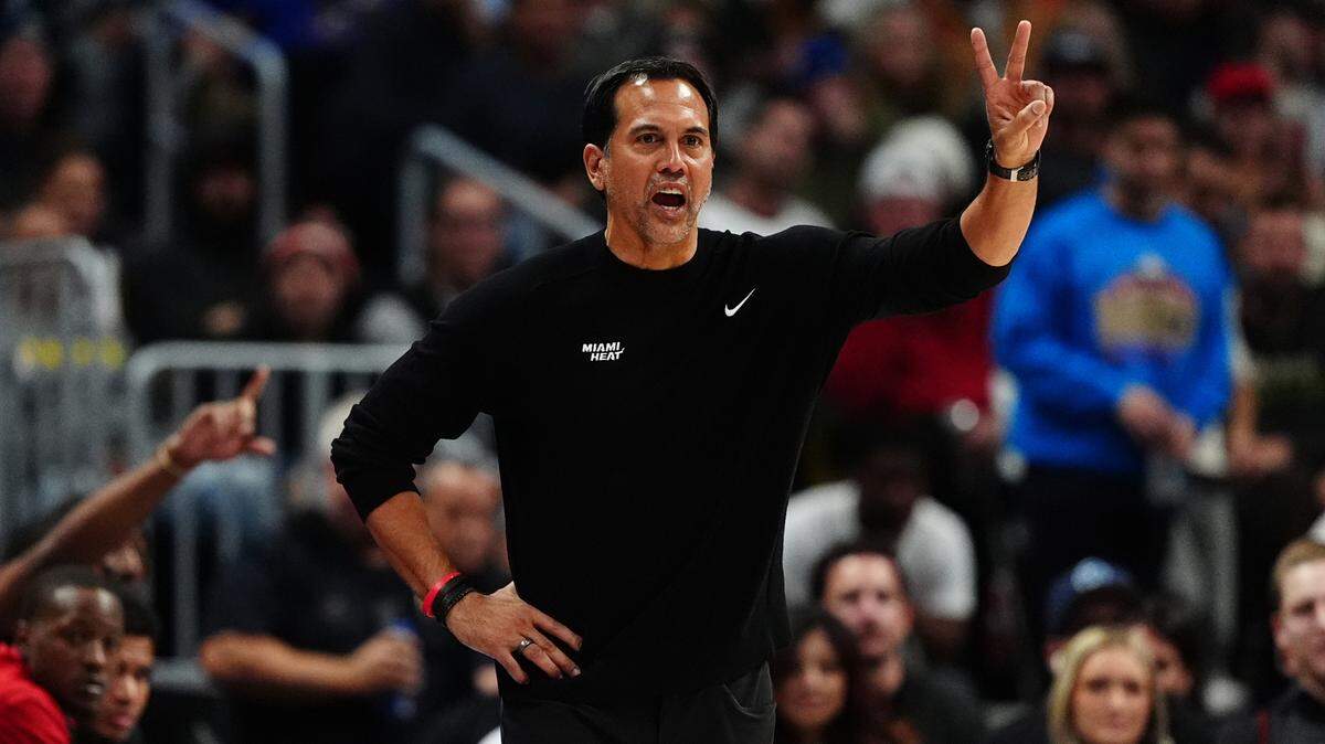 Miami Heat head coach Erik Spoelstra calls out in the second half against the Denver Nuggets at Ball Arena.