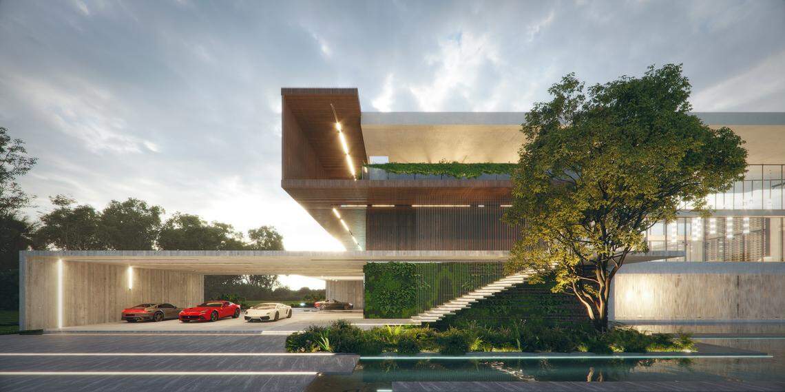 A rendering of G House from Studio KHORA, the architects of the mansion going up along Biscayne Bay on a waterfront lot in Palmetto Bay vulnerable to hurricane storm surge.