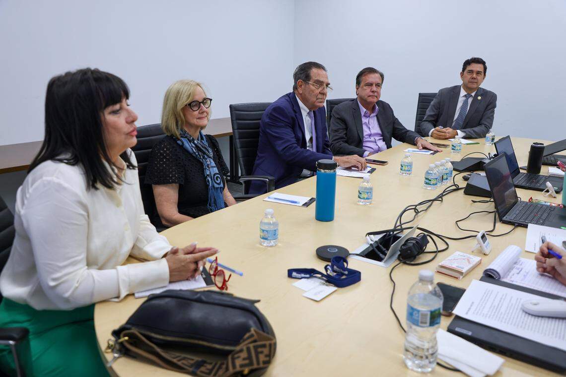 Mayoral candidates - June Savage, left, Eileen Higgins, Xavier Suarez, Alex Diaz de la Portilla, and Ken Russell, right, are photographed during an interview by the Miami Herald Editorial Board on Wednesday, October 8, 2025, in Miami, Florida.