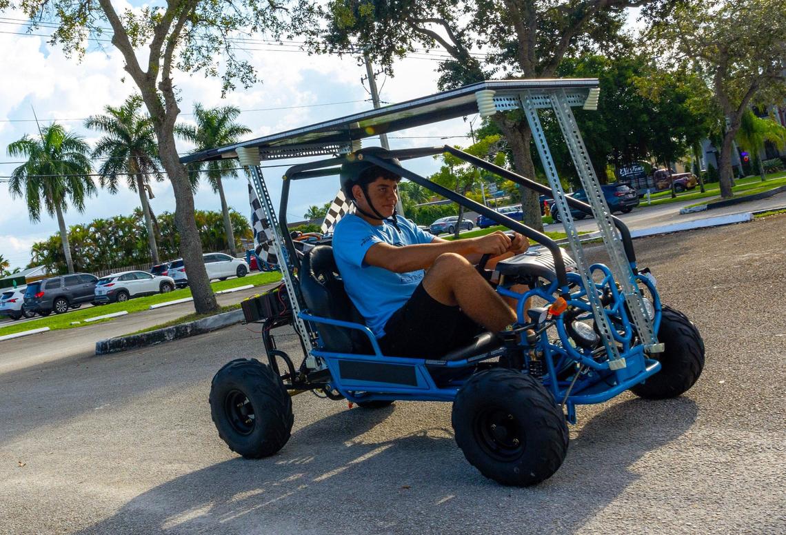 Club member Daniel Alvarez drives a solar powered Go Kart during a STEM activity for an after school care program at Boys & Girls Clubs of Miami-Dade on Tuesday, September 17, 2024, in Miami, Fla.