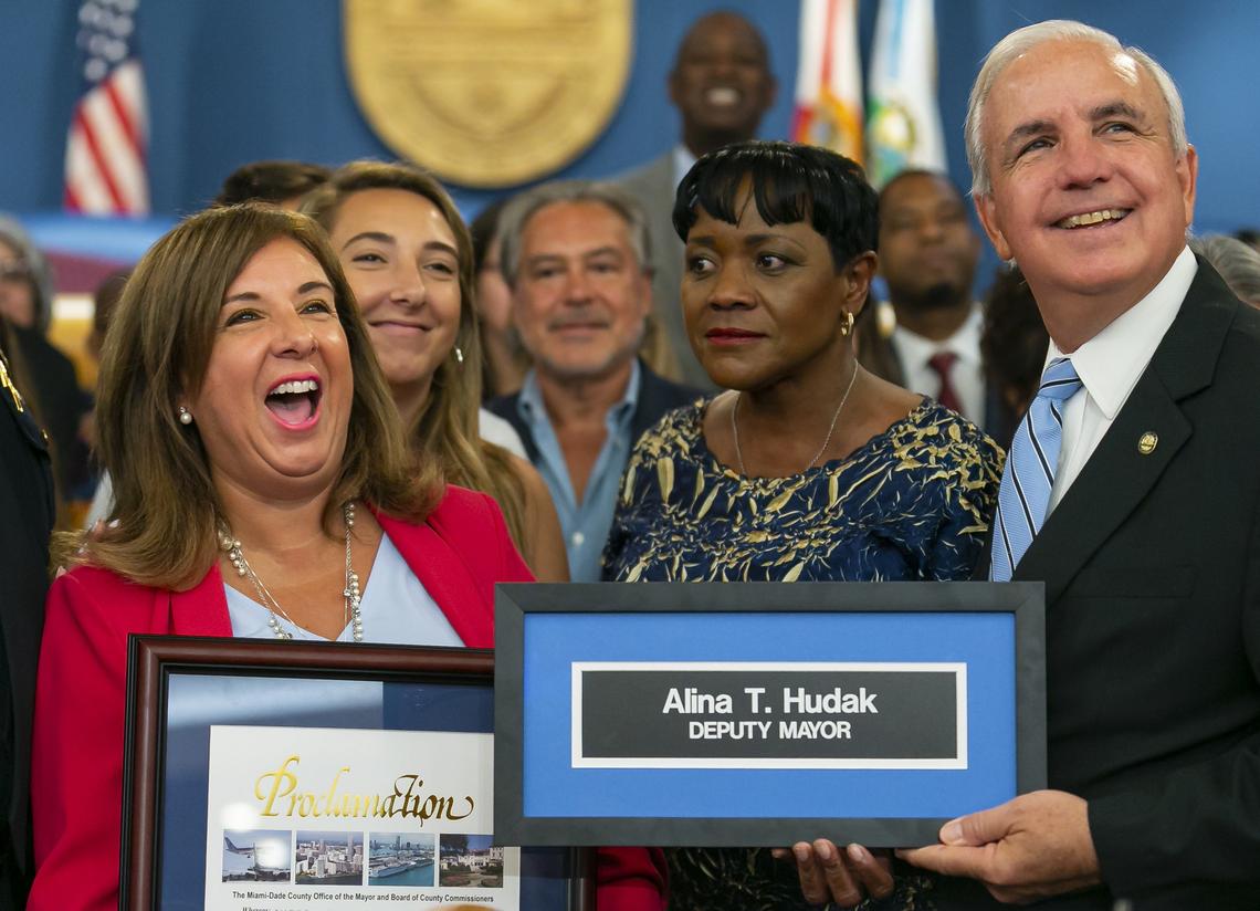 Miami-Dade County Deputy Mayor Alina Hudak is recognized by Mayor Carlos Gimenez and county commissioners for her 35 years of service during her retirement ceremony at the Stephen P. Clark Government Center Wednesday.