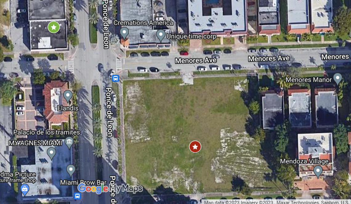 The green star (upper left corner) is 1424 Ponce de Leon Blvd., a property that’s partly-owned by Coral Gables Mayor Vince Lago. The red star is 1505 Ponce de Leon Blvd, where developer Rishi Kapoor plans to build a 16-story luxury residential tower. Kapoor began renting the 1424 Ponce property from Lago last summer. When his company purchased the 1505 site, it used the brokerage where the mayor is registered to practice real estate.