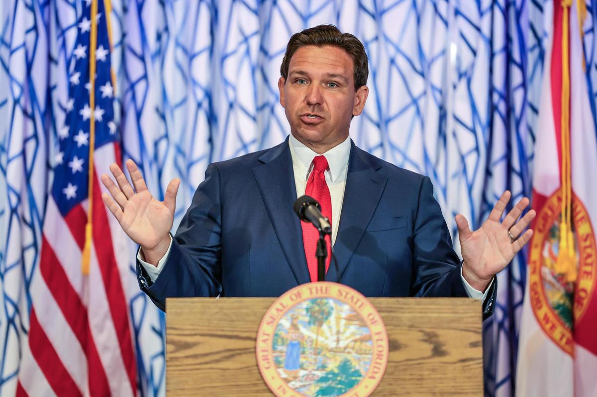 Florida Governor Ron DeSantis speaks at the Santorini by Georgios Restaurant, in South Beach, on March 20, 2024.