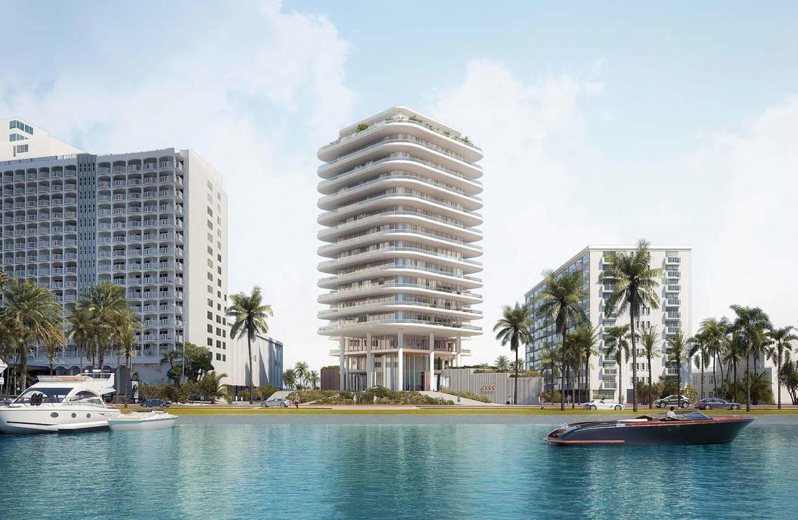 An architectural rendering shows the street front of a proposed new luxury condo designed by OMA that would replace the 1964 La Costa condominium at 5333 Collins Ave., Miami Beach.