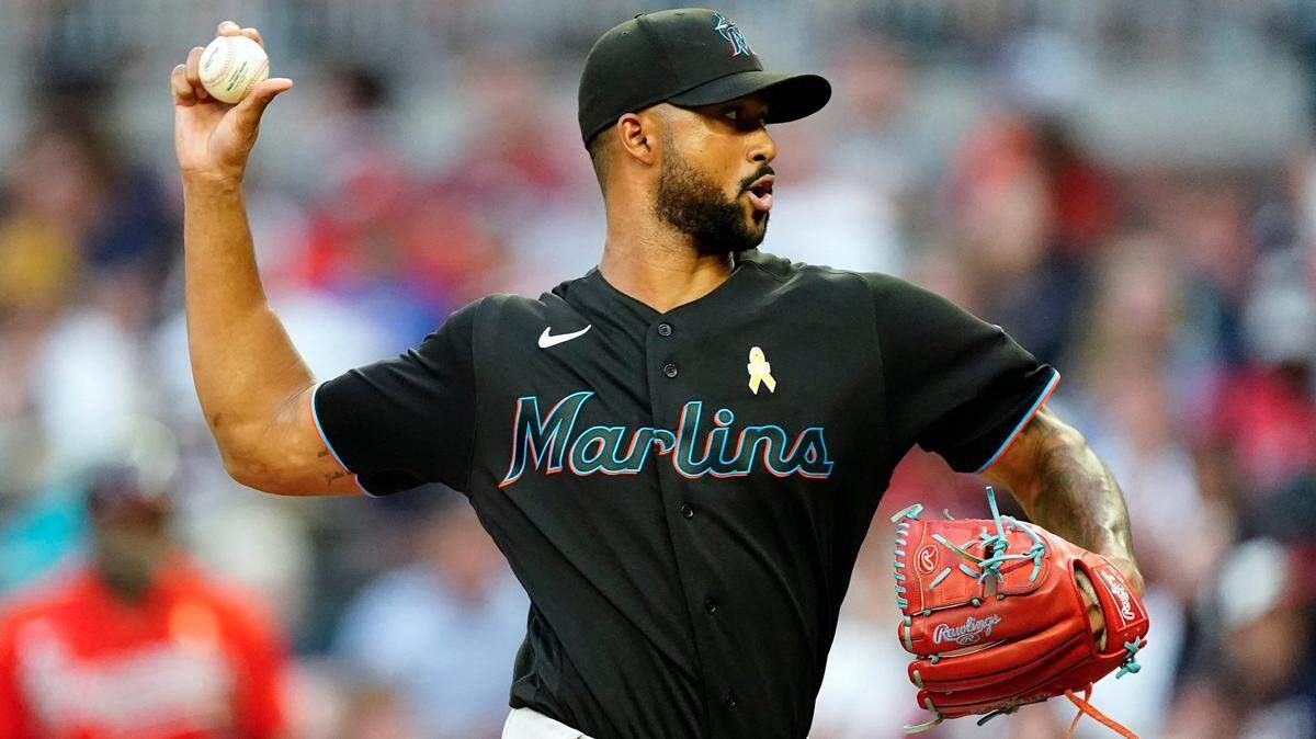 Miami Marlins starting pitcher Sandy Alcantara works in the first inning of a baseball game against the Atlanta Braves, Friday, Sept. 2, 2022, in Atlanta.