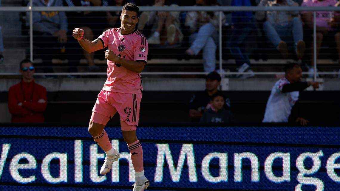 Mar 16, 2024; Washington, District of Columbia, USA; Inter Miami CF forward Luis Suarez (9) celebrates his goal against D.C. United during the second half at Audi Field. Mandatory Credit: Geoff Burke-USA TODAY Sports