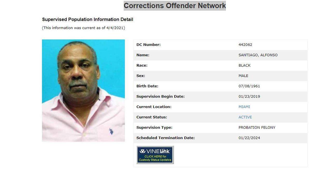 This page from the Florida Corrections Offender Network shows Santiago’s current probation sentence for grand theft.