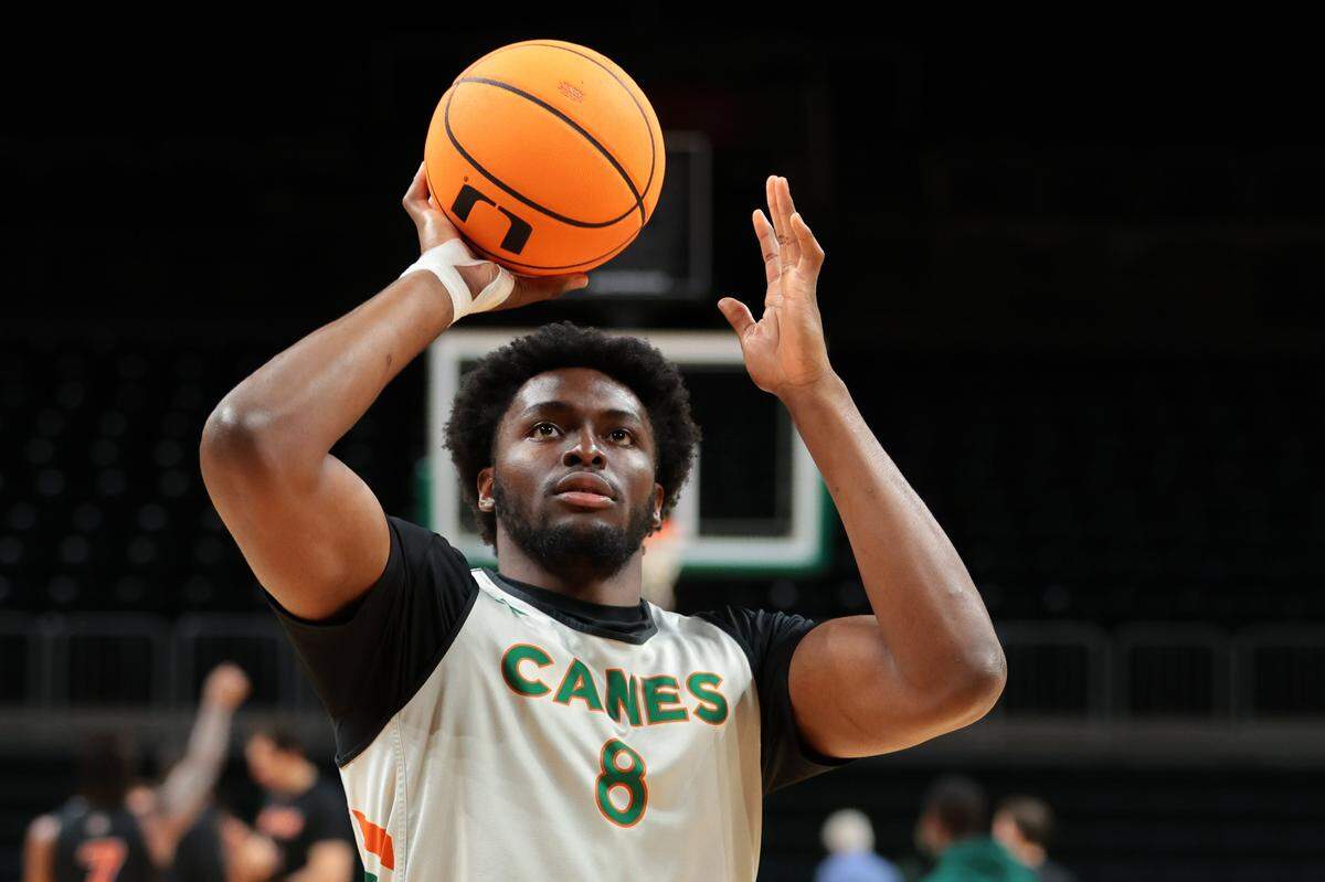 Miami Hurricanes center Ernest Udeh Jr. (8) shoots the basketball during practice at the Watsco Center in Coral Gables, Florida, Tuesday, October 28, 2025.