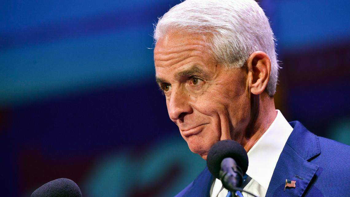 Former Gov. Charlie Crist, D-Fla., participates in a debate with current Republican Gov. Ron DeSantis on stage at the Sunrise Theatre, Monday, Oct. 24, 2022, in Fort Pierce, Fla.