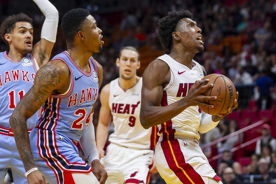 Guard Josh Richardson (0) tries to score during the first quarter as the Heat hosts the Hawks at AmericanAirlines Arena in downtown Miami on Monday, March 4, 2019.