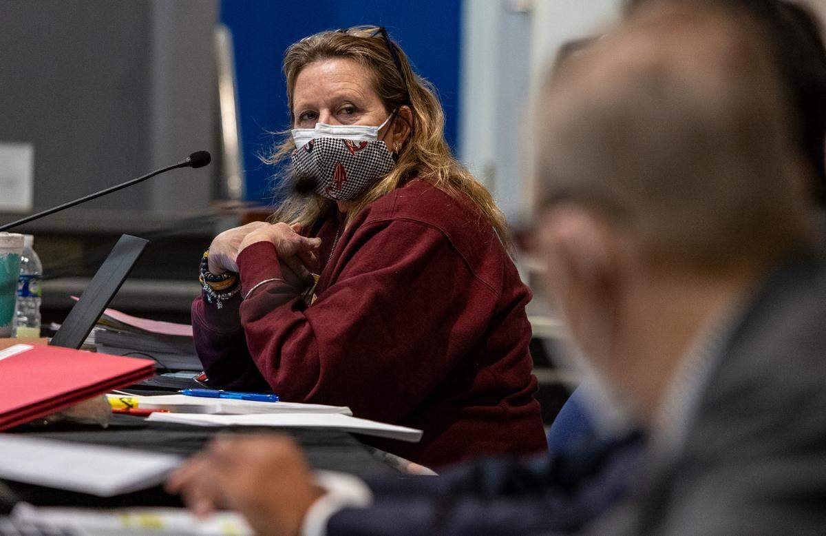 Broward County School Board Member Debra Hixon listens to the answer to a question she posed to Michael Collins of Ray and Associates during a meeting Tuesday, Jan. 25, 2022, to discuss their search for a superintendent. Ray and Associates Inc. is a professional organization that specializes in school executive leadership searches.