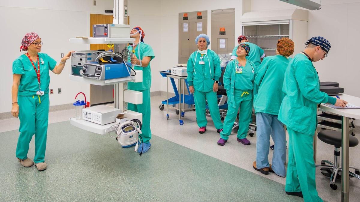 Nurses train to use the equipment of the operating room in the new Kenneth C. Griffin surgical tower at Nicklaus Children’s Hospital on Wednesday, Sept. 18, 2024, in Miami, Fla.
