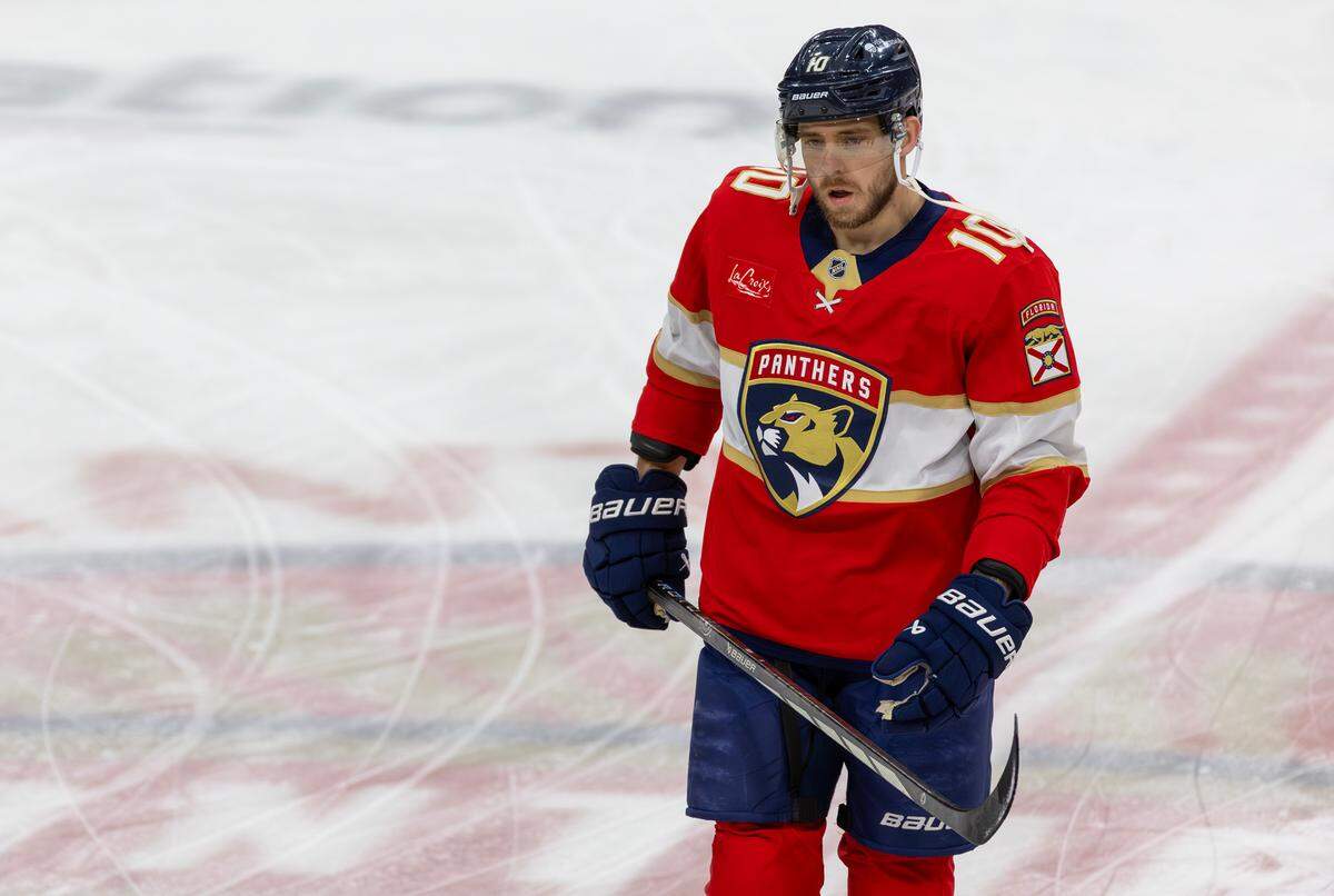 Florida Panthers left wing A.J. Greer (10) skates during pregame warmups before an NHL game against the Tampa Bay Lightning at Amerant Bank Arena on Monday, Dec. 23, 2024, in Sunrise, Florida.