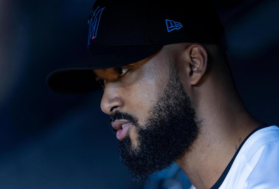 Miami Marlins pitcher Sandy Alcántara is interviewed during his team’s media day at loanDepot park on Friday, Feb. 7, 2025, in Miami, Fla.