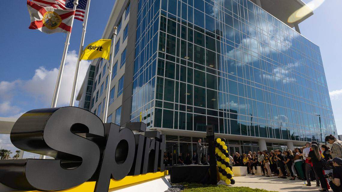 Employees attend the opening of Spirit Airlines new campus outside the support center on Thursday, April 18, 2024, at Dania Pointe in Dania Beach.