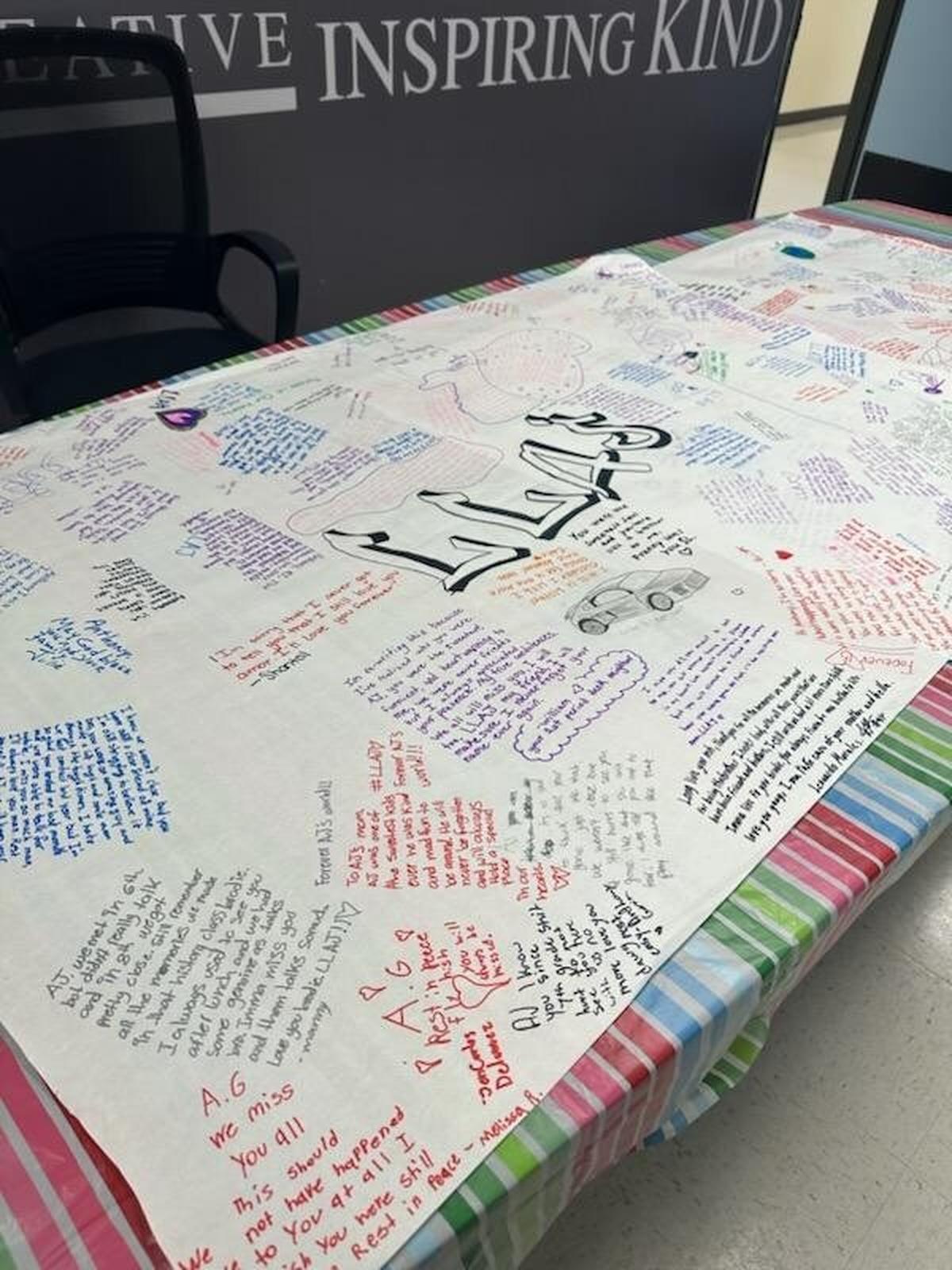 John A. Ferguson High School students crafted a memory banner filled with handwritten, heartfelt messages for Jazmin Keltz, 14, and Anthony Gago, 15, two students killed when Anthony crashed the car he was driving into a concrete pillar near Florida’s Turnpike on Nov. 8, 2023.