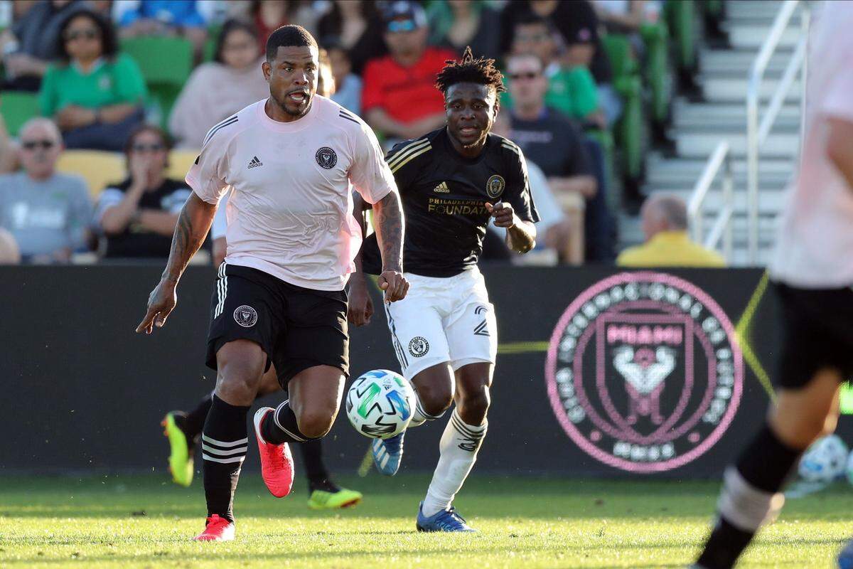 Roman Torres of Inter Miami CF against the Philadelphia Union in a preseason game on Saturday, Feb. 15, 2020 in St. Petersburg, FL. (Photo by Mike Carlson)