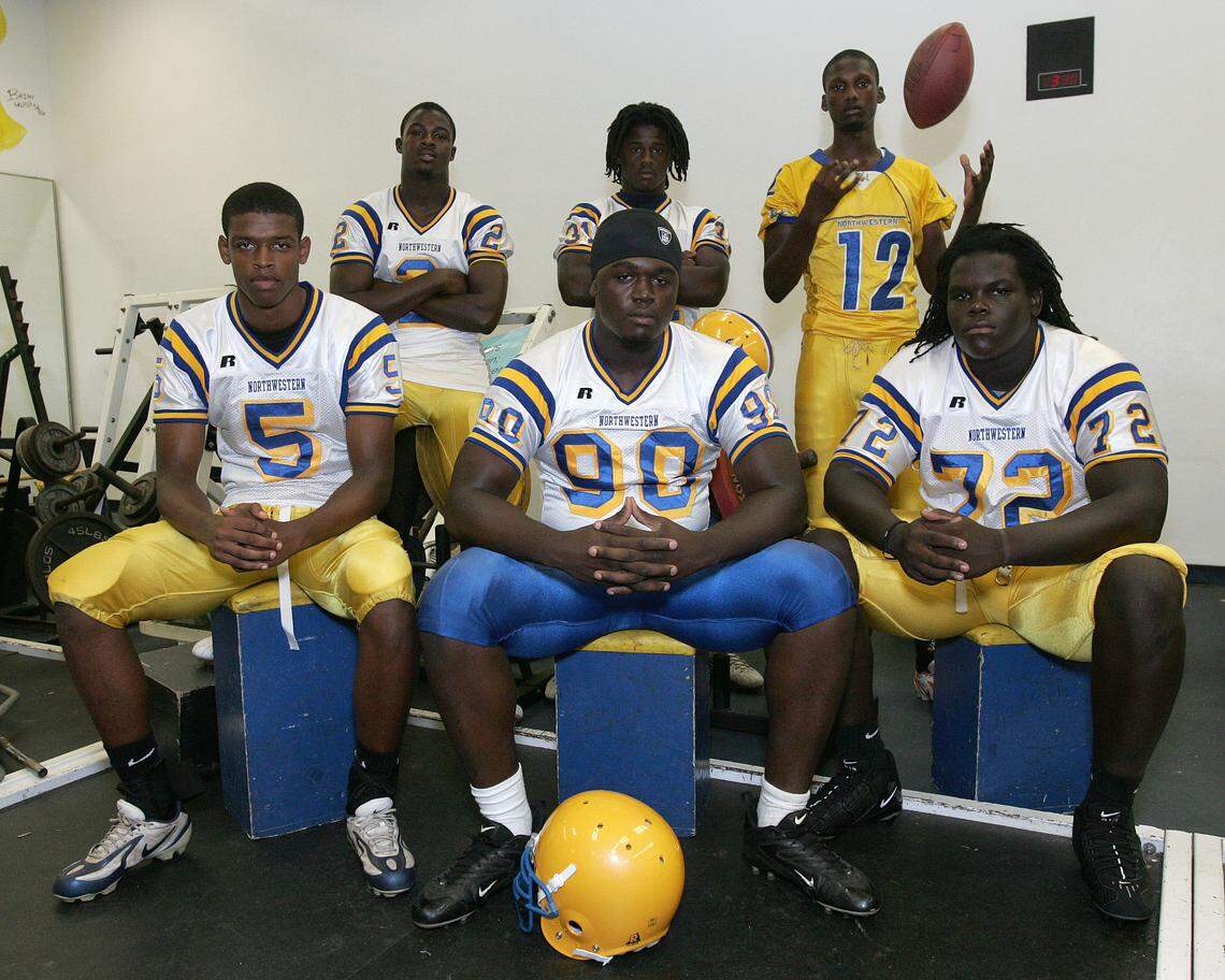 Northwestern Senior High School Football players from left: (1st row) Tommy Streeter (#5), Benjamin Jones (#90), Brandon Washington (#72), (second row from left) Aldarius Johnson (#2), Sean Spence (#31) and Jacory Harris (#12).