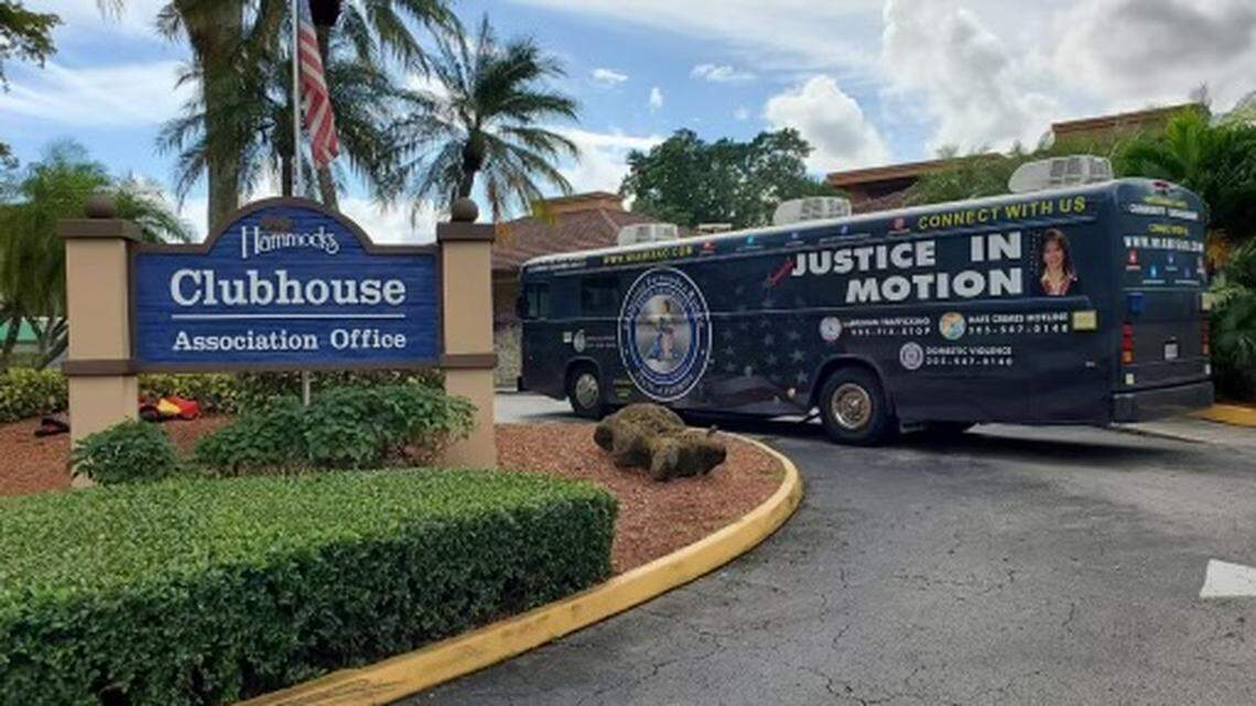 Miami-Dade State Attorney’s bus on the scene when investigators seized and scanned financial records at the Hammocks Community Association clubhouse office in 2022.