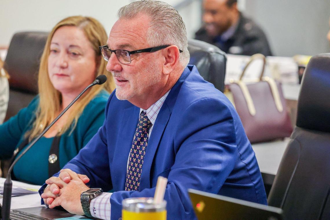 Superintendent Peter Licata speaks about school closures during a School Board workshop at the Kathleen C. Wright Building on Wednesday, March 20, 2024, in Fort Lauderdale, Florida.