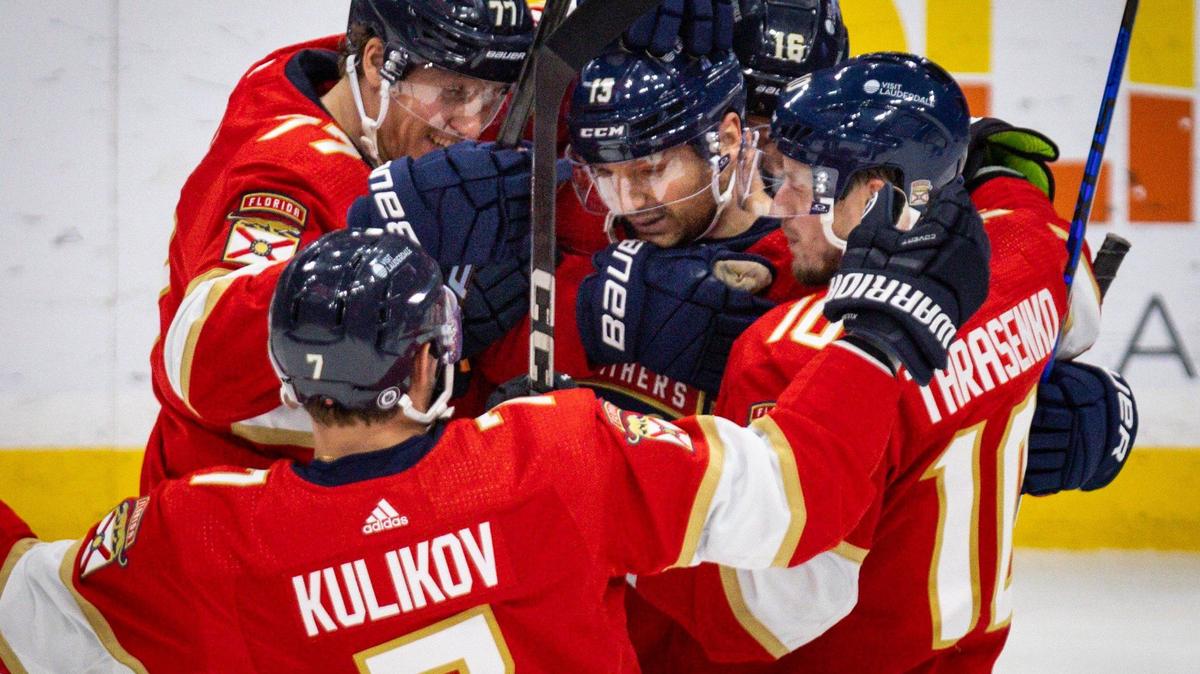 Florida Panthers hug Florida Panthers center Sam Reinhart (13) after he scores a goal during the second period of a hockey game on Tuesday, April 16, 2024, at Amerant Bank Arena in Sunrise, Fla. The Florida Panthers scored 4 goals in the period to take the lead 4-2 against the Toronto Maple Leafs.