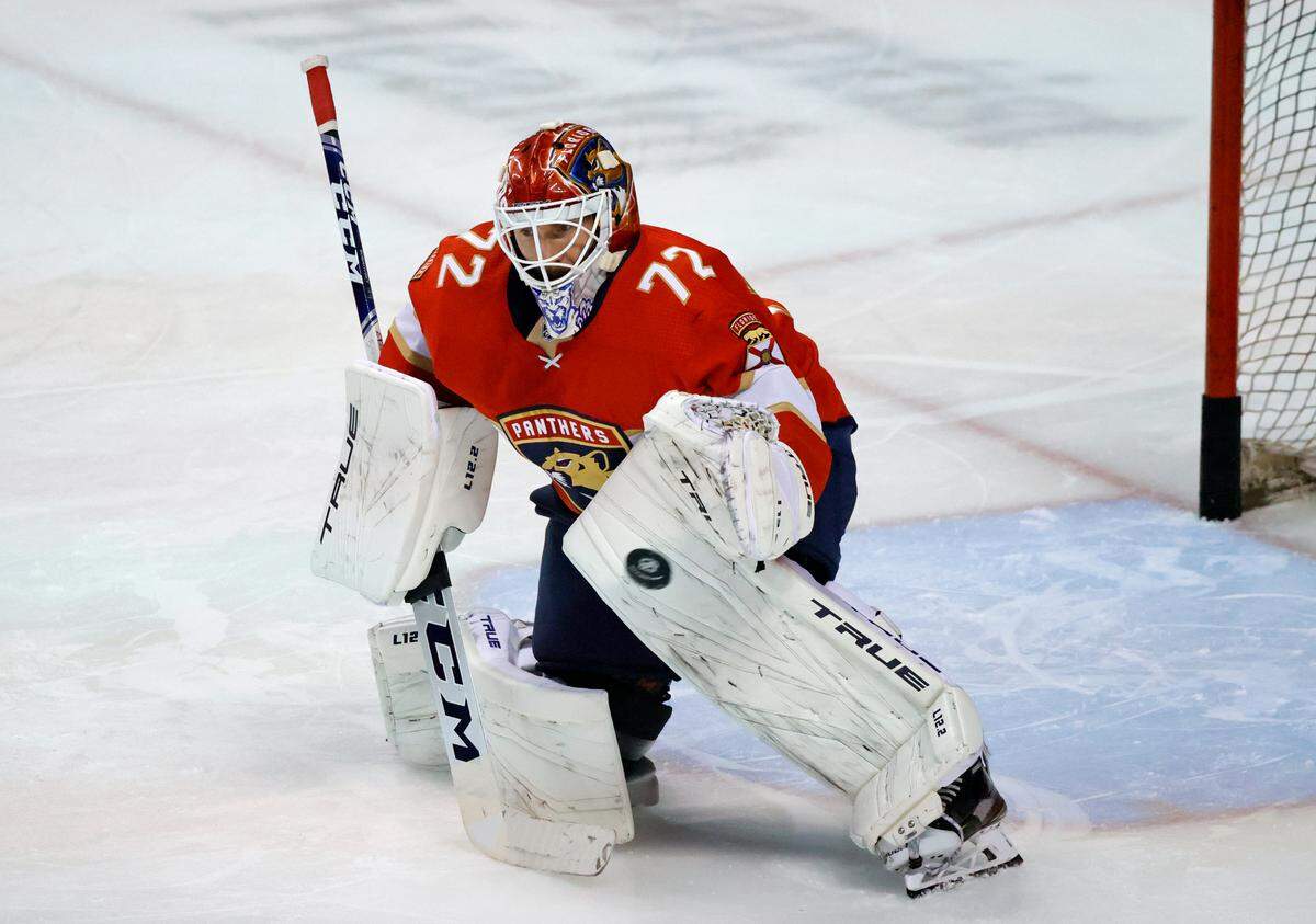 Florida Panthers goaltender Sergei Bobrovsky (72) practice before the start of an NHL game against the Boston Bruins at the FLA Live Arena on Wednesday, October 27, 2021 in Sunrise, Fl.