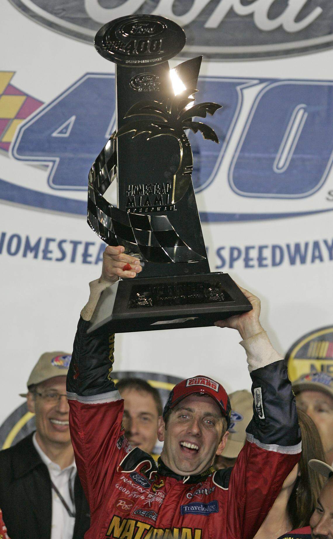 At Homestead-Miami Speedway Ford 400 in 2006, #16 Greg Biffle National Guard Ford celebrates his third straight win at the track.