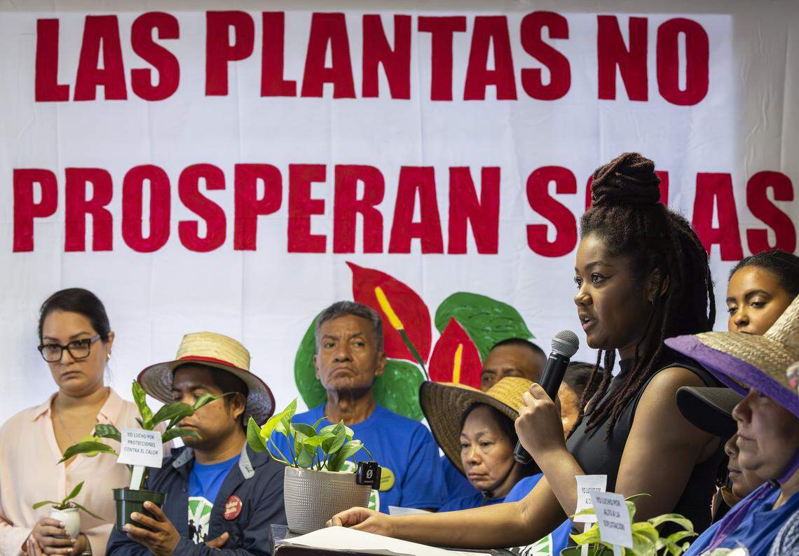 Majelia Ampadu, with Partners for Dignity & Rights, speaks during the launch of WeCount!'s Planting Justice campaign at its headquarters on Saturday, Feb. 14, 2026, in Homestead, Fla. The campaign urges major retailers and growers to adopt a new Code of Conduct for plant nursery workers in their supply chains and agree to independent monitoring, enforcement and certification.