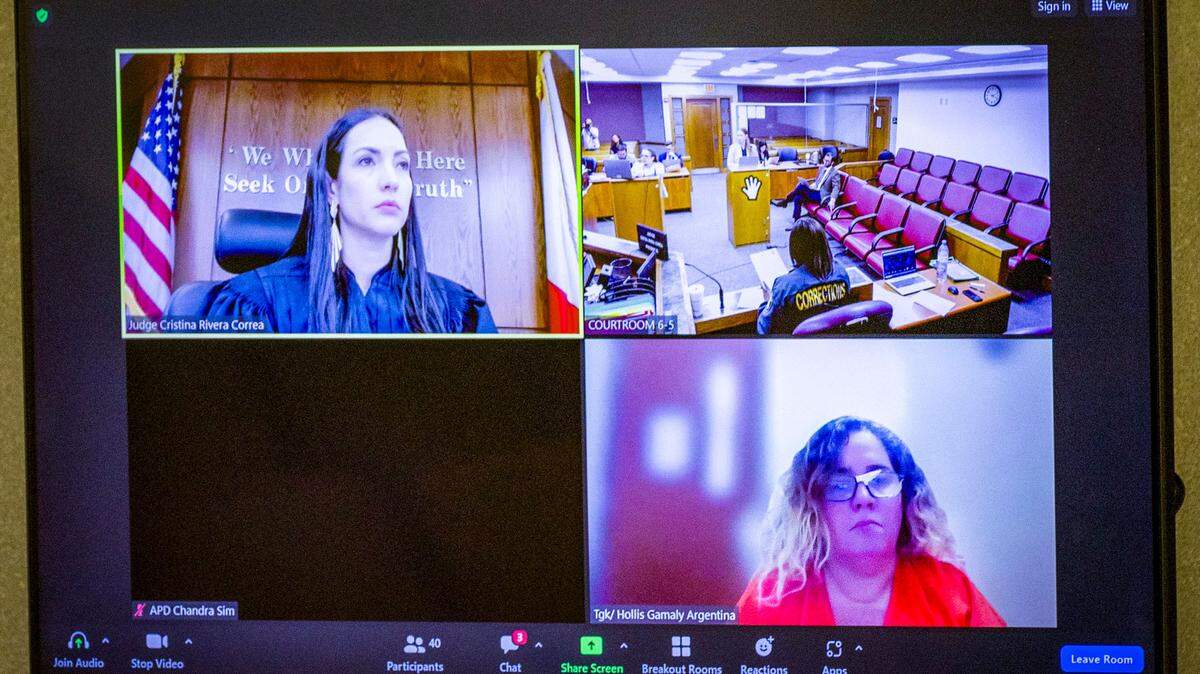 Judge Cristina Rivera Correa (top left) presides during a hearing of a Mom named Gamaly Argentina Hollis (bottom right) who is being held in jail after being accused of stalking a Miami-Dade cop who killed her mentally ill son. The hearing took place at the Gerstein Justice Bldg in Miami on Thursday, March 7, 2024.