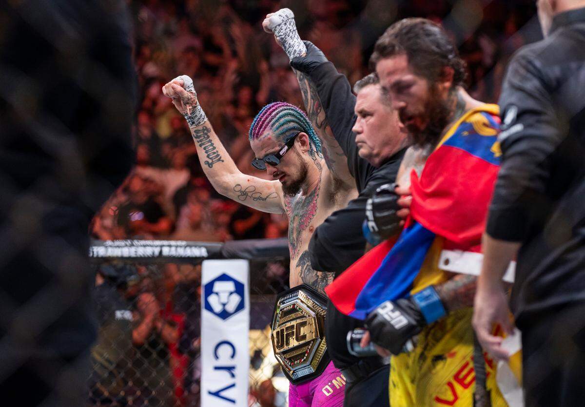 Sean O’Malley of the United States is declared the winner of his fight against Marlon Vera of Ecuador during their bantamweight title match during the UFC 299 event at the Kaseya Center on Saturday, March 9, 2024, in downtown Miami, Fla.
