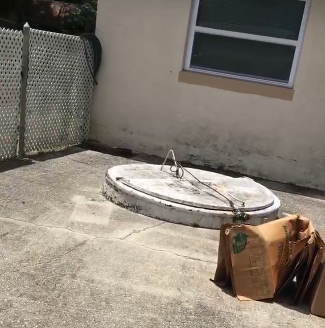 The hatch opens up to a spiral staircase. It leads to an underground bunker.