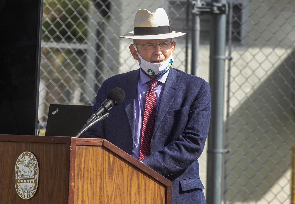 from lef- Jim Murley - Chief Resilience Officer speaks during a press conference celebrated at El Portal Village to release Miami-Dade County’s sea level rise strategy, on Friday, February 26, 2021.
