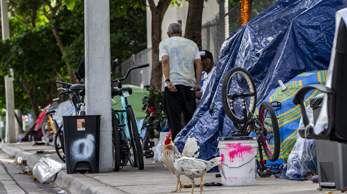 Homeless are seen at the homeless encampment at Southwest Second Street and South North River Drive, as City of Miami officials posted notices saying that there would be a “cleaning” in the area early Wednesday, Nov. 17, 2021, to remove all their belongings, including tents and personal items.