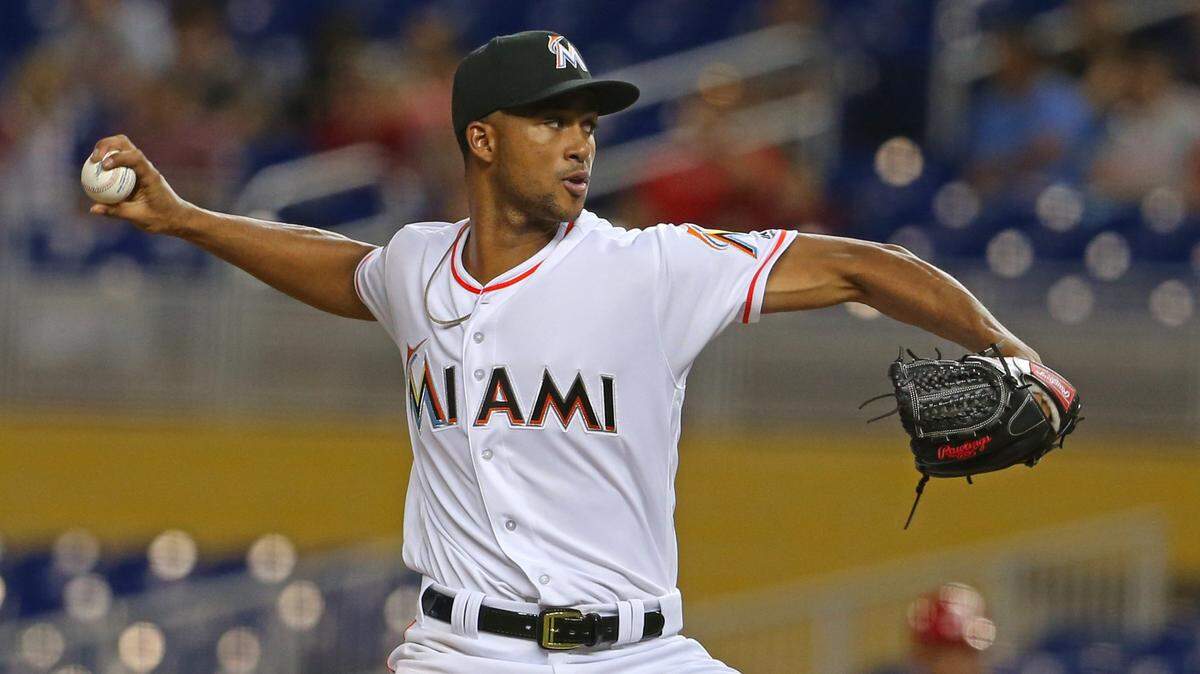 Miami Marlins pitcher Sandy Alcantara pitches during the second inning of a Major League Baseball game against the Philadelphia Phillies at Marlins Park on Wednesday, September 5, 2018.