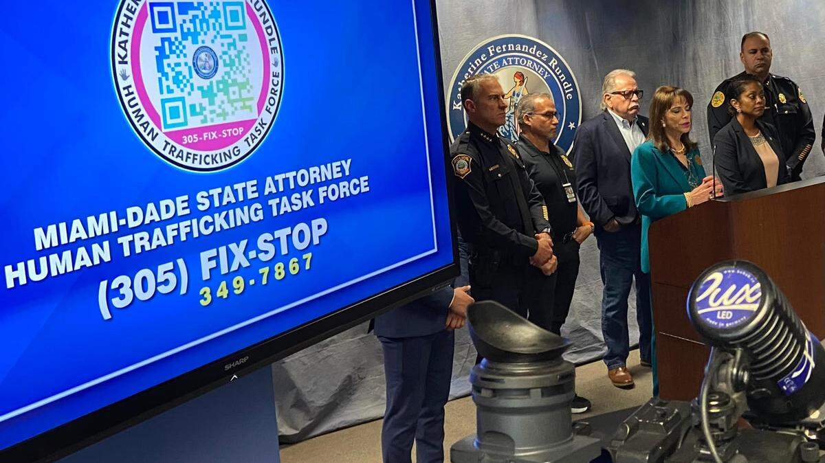 Miami-Dade County State Attorney Katherine Fernandez Rundle talks to reporters at a press conference Thursday, Dec. 7, 2023, following the arrests of two people on human trafficking charges.