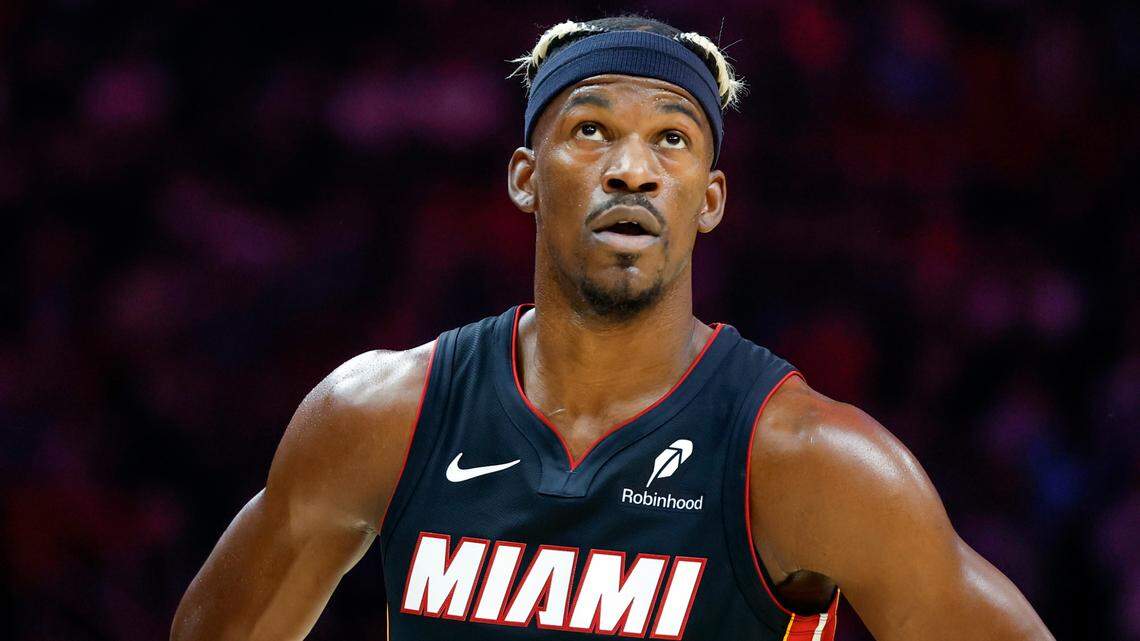 Miami Heat forward Jimmy Butler (22) on the court in the first half against the San Antonio Spurs during their NBA basketball game at the Kaseya Center in Miami, Florida on Sunday, January 19, 2025.
