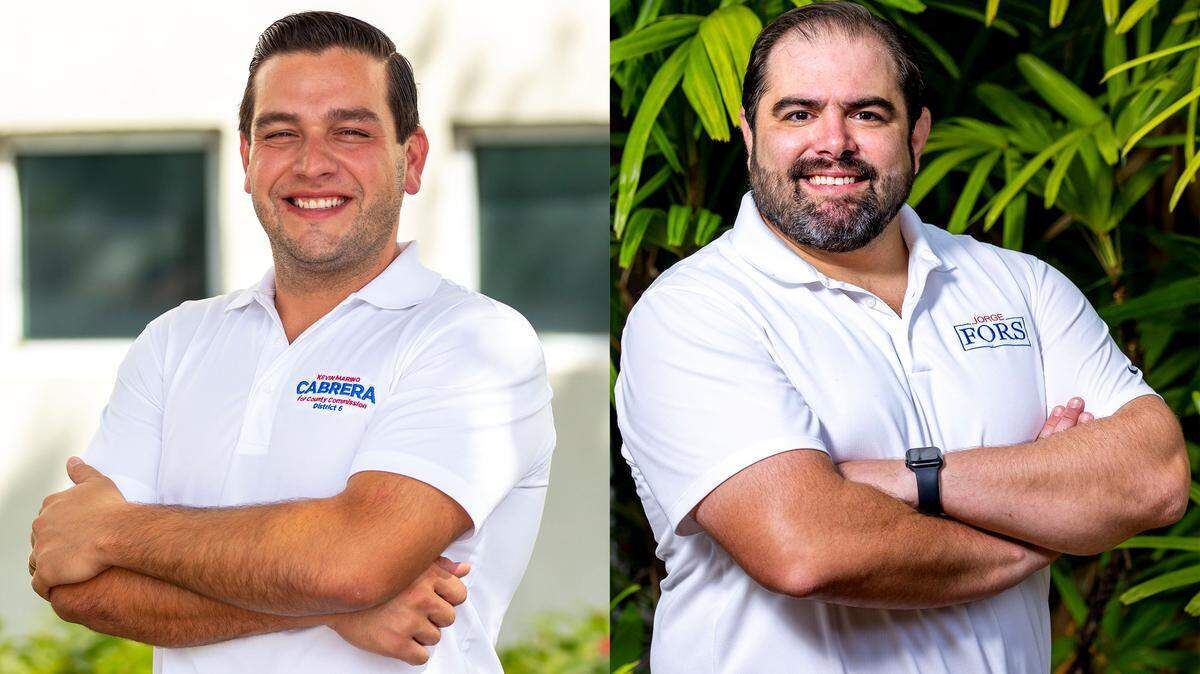 Kevin Marino Cabrera, left, and Jorge Fors Jr. are running for the District 6 seat on the Miami-Dade County Commission being vacated by term-limited Rebeca Sosa. Photos by Danny Varela.