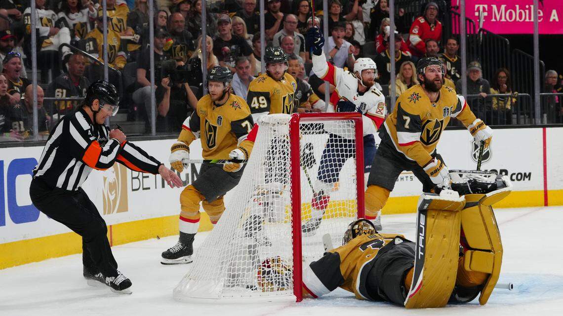 Jun 3, 2023; Las Vegas, Nevada, USA; Florida Panthers center Eric Staal (12) scores on a wrap-around short-handed goal past Vegas Golden Knights goaltender Adin Hill (33) during the first period in game one of the 2023 Stanley Cup Final at T-Mobile Arena. Mandatory Credit: Stephen R. Sylvanie-USA TODAY Sports