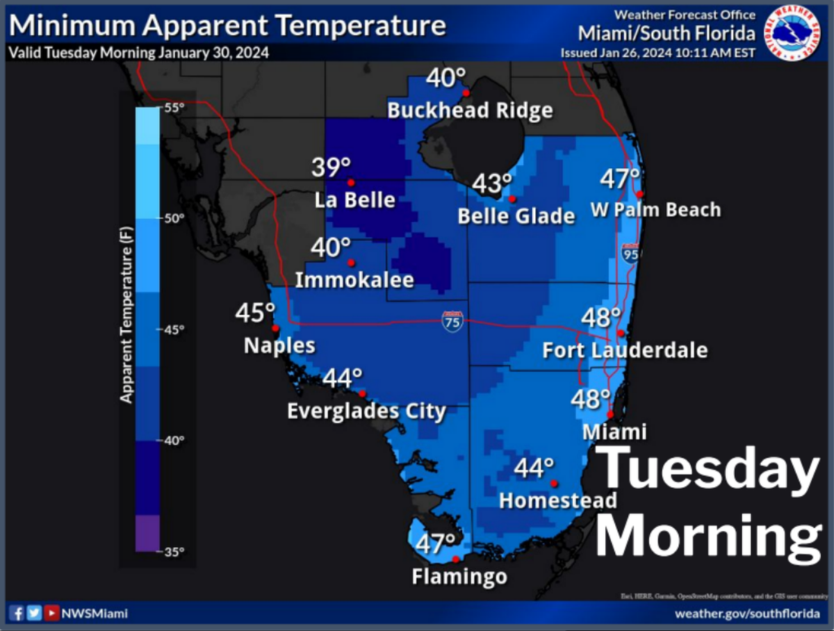 Minimum apparent temperatures for early Tuesday morning are forecast in the 40s across South Florida.