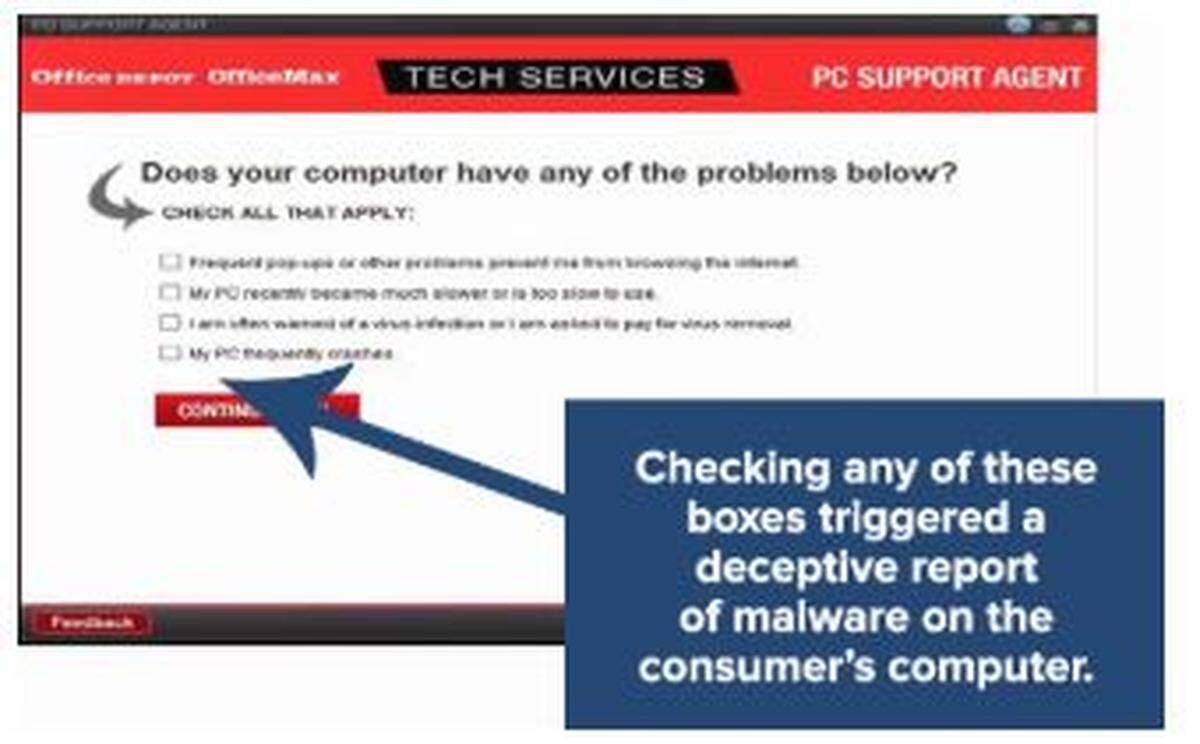 The FTC uses a screenshot to show the shenanigans it accused Office Depot and Support.com of running on customers for seven years.